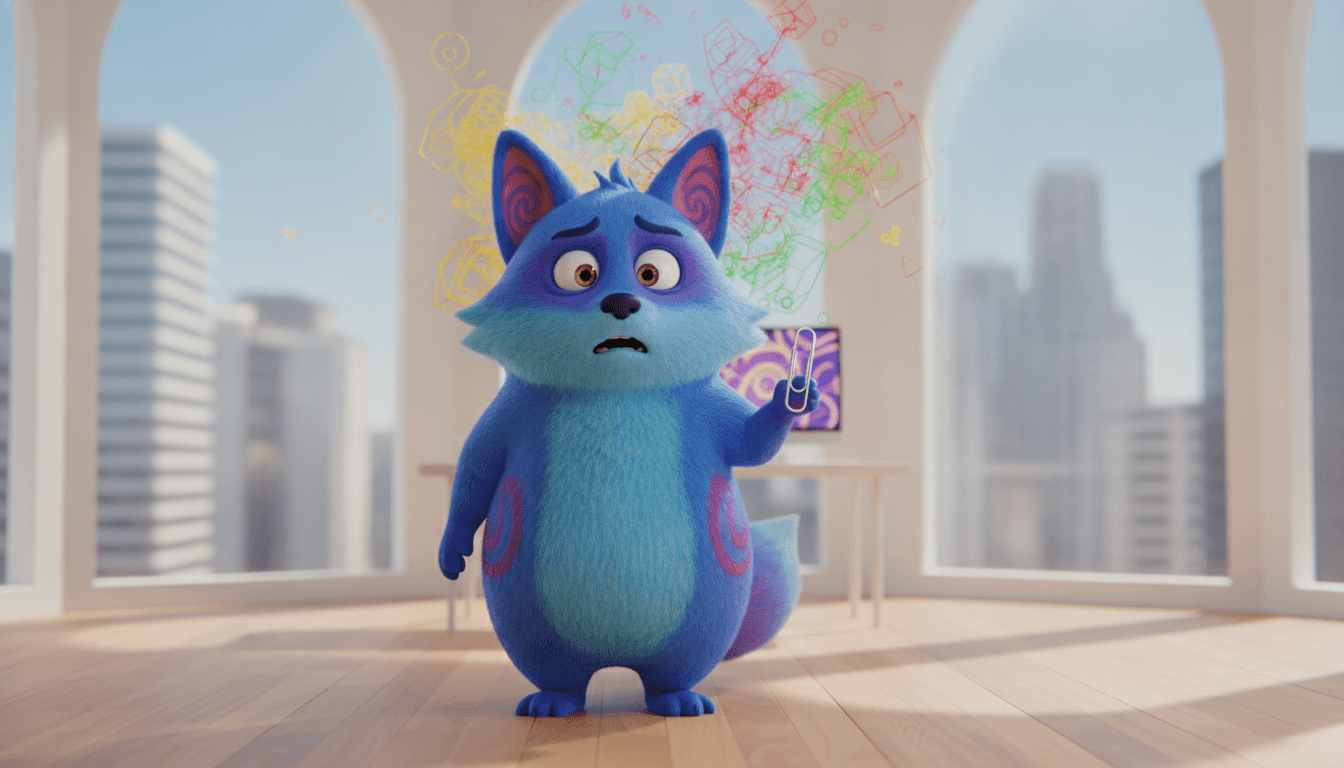 A blue cartoon creature, looking overwhelmed, holds a paperclip as colorful chaotic thoughts swirl above its head