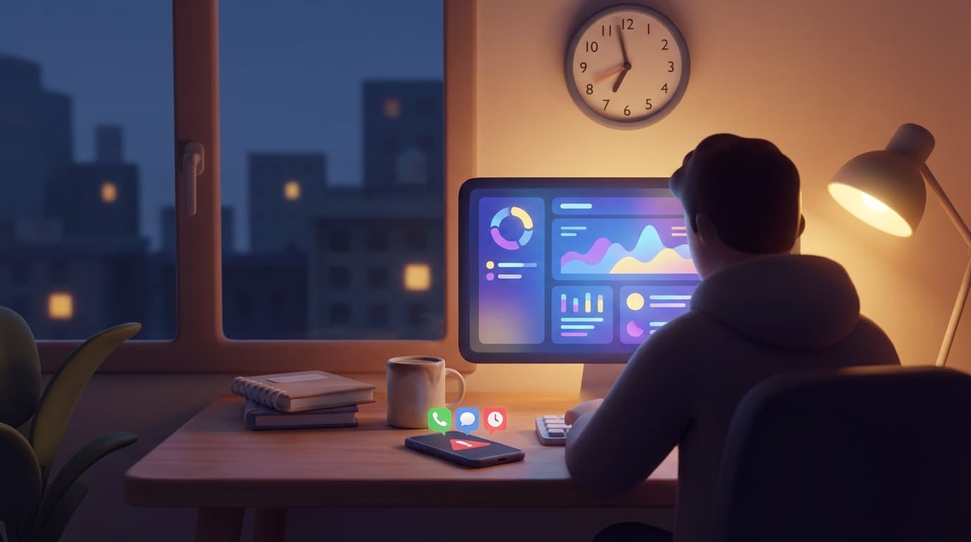 A person deeply focused on a computer screen at a desk, a phone with alerts, and a clock shows 7:45 PM.