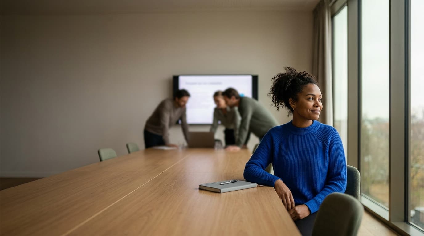A woman in a cobalt-blue sweater sits at the end of a long meeting table, her notebook closed in front of her, looking out of the window with a small smile while colleagues at the far end lean toward a screen.