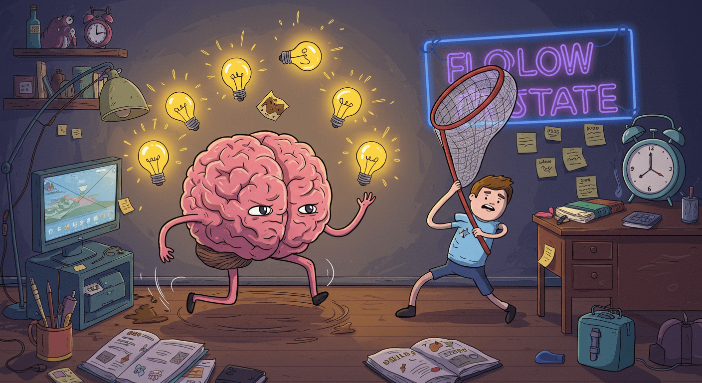 A boy chases a running brain with escaping lightbulb ideas with a net, below a "FLOW STATE" neon sign